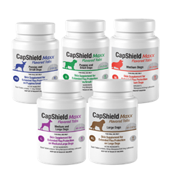 CapShield Maxx© Flavored Tabs - Canine CapShield, Maxx, Flavored, Tabs, Canine, Plus, scored, beef, flavored, tablet, additional, size, Dogs, 91-132, lbs., pounds,  Extra, Large, XL, more, precise, economical, dosing, options, Color, coded, eliminate, confusion, dosing, multiple, dogs, same, household, labels, weight, bands, Skin, Supplement, Extended, Flea, Protection, combination, Nitinpyram, Lufenuron, growth, inhibitor, IGR, stay, blood, stream, system, 30, days, thirty, fleas, blood, feed, meal, not, reproduce, sterilize, introduce, long-term, animal’s, environment, sun, breaks, down, yard, sprays, bedding, blankets, beds, furniture, vacuum, American, made, USA