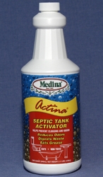 Medina® Actina® Septic Tank Activator Medina®, Actina®, Septic, Tank, Activator, increases, natural, biological, activity, microbes, sewage, activators, fermentation, process, increase, activity, numbers, organisms, speed, up, digestion, more, completely, digested, cleaning, pumping, reduced, odors, produce, digestive, organisms, liquefy, grease, waste, solids, flow, easily, through, pipes, drain, fields, 100%, natural, corrode, pH, problems, Odors, reduced, eliminated