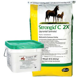 Zoetis Strongid® C 2X™ Zoetis, Strongid®, C 2X™, Equine, Horse, Supplies, dewormer, wormer, Strongyles, pinworms, ascarids, Alfalfa, molasses, based, pellets, ensure, eager, consumption, top, dressed, mixed, feed, Concentrated, 2, ounces, daily, 1,000, pound, ponies, breeding, mares, stallions, foals, six, months