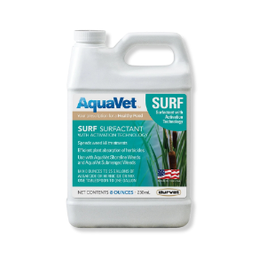 Durvet® AquaVet Surf Surfactant AquaVet® Surf Surfactant, Durvet, pond management, Made in the USA, Non-ionic water-soluble surfactant, aquatic chemicals, agricultural chemicals, ACTIVATION TECHNOLOGY, improves absorbtion of herbicides, post-emergence herbicides, Emerged weeds, Waxy plant cuticle,