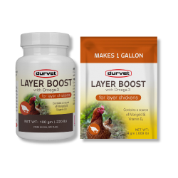 Durvet® Layer Boost with Omega-3 Durvet®, Healthy, Flock®, Layer, Boost, Omega-3, Poultry, chicken, supplies, vitamins, electrolytes, layer, egg, quality, quantity, blend, vitamins, electrolytes, enzyme, omega, 3, Marigold, daily, use, source, live, viable, direct, fed, microorganisms, D3, easy, scoop, packet, per, gallon, drinking, water, soluble, products