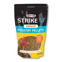 Durvet® Strike III Natural Poultry Pellets Durvet® Strike, III, Natural, Poultry, Pellets, Supplies, Antibiotic, free, health, care, Veterinary, formulated, support, digestive, health, genetic, potential, poultry, all, classes, pumpkin, seed, oregano, garlic, taste, birds, love, 50, Day, Supply, 5, average, sized, chickens, Dosage: Mix, 1, lb, Strike, III, Natural, 50, lbs, feed, mix, 2, teaspoons, per, 1, lb, feed, daily, no, egg, food, withdrawal.