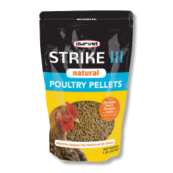 Durvet® Strike III Natural Poultry Pellets Durvet® Strike, III, Natural, Poultry, Pellets, Supplies, Antibiotic, free, health, care, Veterinary, formulated, support, digestive, health, genetic, potential, poultry, all, classes, pumpkin, seed, oregano, garlic, taste, birds, love, 50, Day, Supply, 5, average, sized, chickens, Dosage: Mix, 1, lb, Strike, III, Natural, 50, lbs, feed, mix, 2, teaspoons, per, 1, lb, feed, daily, no, egg, food, withdrawal.