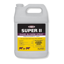 Durvet® Super II Dairy & Farm Spray Durvet®, Super, II, Dairy, Farm, Spray, ready-to-use, insecticide, spray, protect, livestock, lice, stable, flies, horn, fleas, mosquitoes, gnats, use, livestock, Contains, two, insecticides, two, synergists, maximum, effectiveness, Pyrethrins, Vapona, combination, provides, quick, knockdown, plus, residual, kill, Piperonyl, Butoxide, MGK264, synergists, reduce, insects, ability, resist, sprayed, directly, residual, control, cattle, 48, hours, used, fogging, spray, One, ounce, treats, 1000, cubic, feet, competitive, sprays, require, twice, Contains, 44%, more, total, active, ingredient, C-EM-DIE, petroleum, distillate