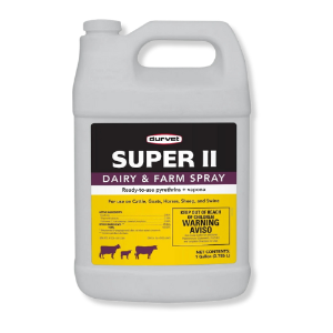 Durvet® Super II Dairy & Farm Spray Durvet®, Super, II, Dairy, Farm, Spray, ready-to-use, insecticide, spray, protect, livestock, lice, stable, flies, horn, fleas, mosquitoes, gnats, use, livestock, Contains, two, insecticides, two, synergists, maximum, effectiveness, Pyrethrins, Vapona, combination, provides, quick, knockdown, plus, residual, kill, Piperonyl, Butoxide, MGK264, synergists, reduce, insects, ability, resist, sprayed, directly, residual, control, cattle, 48, hours, used, fogging, spray, One, ounce, treats, 1000, cubic, feet, competitive, sprays, require, twice, Contains, 44%, more, total, active, ingredient, C-EM-DIE, petroleum, distillate