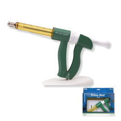 Ideal® Prima-Shot™ Ideal®, Prima-Shot, Neogen, Livestock, repeater, syringe, animal, Veterinary, Supplies, 50, mL, repeating, syringe, adjusts, 0.5, mL, 5, mL, 0.5, mL, increments, easy, grip, dose, adjuster, dial, dosing, heavy, duty, Tritan™,  Barrel, BPA, free, chemical, scratch, resistant, compatibility,  polycarbonate, polypropylene, amber, colored, barrel, reduces UV, Sunlight, exposure, interchangeable, colored, pull, knob, inserts, quickly, exchanged, distinguish, medications, antibiotics, vaccines, Sturdy, comfortable, repeat, injections