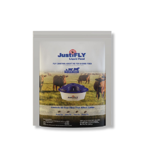 JustiFLY® Liquid Feed 2.5lb Add Pack JustiFLY®, Liquid, Feed, 2.5, lb ,pound, pounds, add, pack, pk, perfect, addition, insect, growth, regulator, IGR, larvicide, breaks, life, cycle, all, four, fly, species, affect, cattle, pour, contents, feeder, added, ingested, treated, throughout, fly, season, feedthrough, passes, through, animal, starts, work, flies, cattle, manure