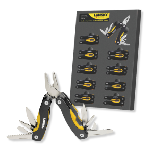 Lansky® Mini-Multi Tool Display Lansky Mini-Multi Tool, pocket sized multi tool, 12 function tool, Needle nosed plyers/grippers, Wire Cutter, Plain Blade, Serrated Blade, Small Phillips screwdriver, Small flathead screwdriver, Medium flathead screwdriver, Large flathead screwdriver, File, Awl, Bottle opener, Can opener