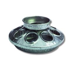 Little Giant® 1 Quart Jar Metal Feeder Base Screw on, 1, Quart, qt, Jar, Round, Metal, Feeder, Base, baby, chick, screws, onto, Plastic, Waterer, Jar, standard, Mason, jar, gravity, feeder, heavy-gauge, galvanized, steel, years, service, Rounded, embossed, edges, reduce, chafing, neck, head,  6", diameter, 2.5", 8, feeding, holes