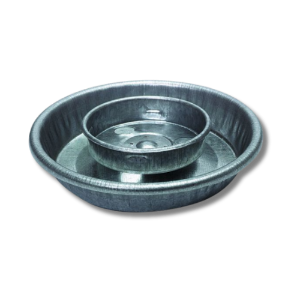 Miller Mfg® 1 Quart Jar Metal Waterer Base Screw, on, Round, Metal, Waterer, Base, baby, chick, screws, Little Giant®, 1-Quart, Plastic, screw-On, Feeder, Waterer, Jar, standard, Mason, gravity-feed, heavy-gauge, galvanized, steel, years, service, Rounded, embossed, edges, reduce, chafing, neck, head, 5.5, inch, diameter, 1.25, high