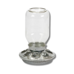 Little Giant® Mason Jar Chick Feeder Little Giant™ Mason Jar Chick Feeder, Miller Manufacturing, gravity chick feeder, poultry feeder, glass mason jar feeder,  Easy to fill chick feeder, 1 quart chick feeder, heavy-duty galvanized steel base for chick feeder, 8 hole chick feeder, Made in the USA
