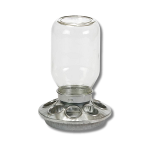 Little Giant® Mason Jar Chick Feeder Little Giant™ Mason Jar Chick Feeder, Miller Manufacturing, gravity chick feeder, poultry feeder, glass mason jar feeder,  Easy to fill chick feeder, 1 quart chick feeder, heavy-duty galvanized steel base for chick feeder, 8 hole chick feeder, Made in the USA