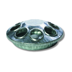 Miller Mfg® Round Metal Chick Feeder Little Giant®, Round, Metal, Chick, Feeder, standalone, baby, chick, feeder, heavy-gauge, galvanized, steel, Rounded, embossed, edges, reduce, chafing, chicks, neck, head, Eight, feeding, holes, snap-on, cover, easy, filling, cleaning, 6, inch, diameter, 2, inch, high,