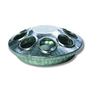 Miller Mfg® Round Metal Chick Feeder Little Giant®, Round, Metal, Chick, Feeder, standalone, baby, chick, feeder, heavy-gauge, galvanized, steel, Rounded, embossed, edges, reduce, chafing, chicks', neck, head, Eight, feeding, holes, snap-on, cover, easy, filling, cleaning, 6, inch, diameter, 2, inch, high,