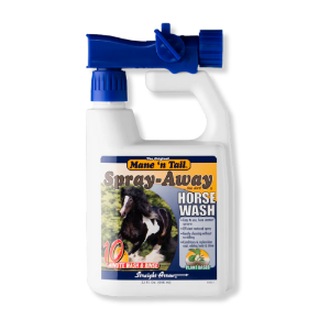 Straight Arrow® Spray-Away Horse Wash Mane n' Tail®, Spray-Away, Horse, Wash, Straight, Arrow, Equine, Horse, grooming, washing, ?Safe, Gentle, Quick-Cleaning, Body, Wash, quick-cleaning, natural, plant, esters, surfactants, Cleans, thoroughly, scrubbing, safe, gentle, use, everyday, Essential, oils, proteins, condition, replenish, enhancing, coat’s, natural, shine, maintain, healthier, skin, thorough, cleaning, necessary, eliminate, fungal, bacterial, food, sources, PH, balanced, sensitive, cuts, scrapes, 32 oz, metered, sprayer, efficient, application, eliminating, waste