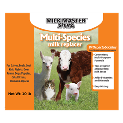 Milk Master™ X-TRA Multi-Species - 10 lb. Milk Master™, X-Tra, Multi-Species, 10, lb, calf, substitute, 20-20-0.2, Protein, 20%, Fat, Fiber, 0.2%, Lactobacillus, source, live, viable, naturally, occurring, microorganisms, calves, foals, goat, kids, piglets, deer, fawns, dogs, puppies, cats, kittens, llamas, alpacas, LAMBS, CONTAINS, ADDED, COPPER, Convenient, easy-mixing, multi-purpose, formula, added, vitamins, minerals, top, dress