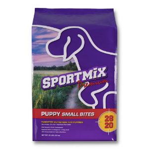 Sportmix® Puppy Small Bites 28/20 SPORTMiX® Puppy Small Bites 28/20, Midwestern Pet Food, Wells, puppy food formulated for first full year of growth, nutrient-rich puppy food, premium puppy food, chicken and fish protein puppy food, puppy food that promotes development of bones, teeth and muscles during this rapid stage of growth. puppy food with balanced Omega-6 and Omega-3 fatty acids, puppy food for healthy skin and beautiful coat, puppy food for growing, active puppy with 100% complete and balanced nutrition,  AAFCO approved puppy food