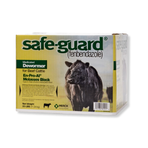 Safe-Guard® En-Pro-AL® Molasses Block Safe-Guard®, Molasses, Block, Merck, Animal, Health, livestock, Pressed, poured, cattle, dewormer, deworming, pastured, cattle, feeding, medicated, blocks, three, days, only, sole, source, salt, removal, control, Lungworms, Stomach, Brown, worm, Intestinal, worms,  Hookworm, Thread-necked, intestinal worm, Small, worms, Bankrupt, Nodular, treats, 8,000, lb., 500, lb, cattle, 1.5, lb