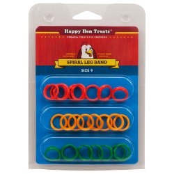 Happy Hen Treats® Spiral Leg Bands Happy Hen Treats® Spiral Leg Bands, poultry supplies, chicken supplies, easy to apply plastic spiral leg bands, chicken identification, tracking chickens, identify different breeding stock, track age, identify two similar birds, assorted color leg bands, Size 9 leg bands, leg bands for standard breed hens, Size 11 leg bands, leg bands for large breed hens