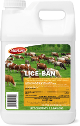 Martin’s® LICE-BAN Martin’s® ,LICE, BAN, Control, Solutions, Livestock, horse, cattle, supplies, fly, control, pour, Ready, Suspension, Lactating, Non, Dairy, cattle, Beef, Calves, Horses, chewing, biting, sucking, lice, application, zero, day, pre-slaughter, withdrawal, interval, period, milk, discard, time, component, integrated, pest, management, program, alone, combination, insecticides, development, resistance, Diflubenzuron, 3.0%, Permethrin, 5.0%.
