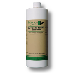 Priority Care® Povidone Iodine Solution 1% Priority, Care®, Povidone, Iodine, Solution, 1%, germicidal, cleanser, pre-opeative, post-operative, skin, washing, Effective, bacterial, fungal, infections, infection, animal, animals, topical, preparation, kills, bacteria, fungi, protozoa, yeast, viruses