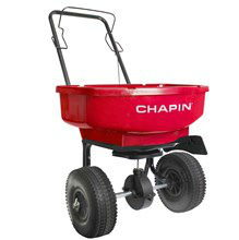 Chapin® 80-Pound Residential Turf Spreader Chapin®, 80,Pound, lbs, Residential, Turf, Spreader, Home, Garden, Lawn, Supplies, capacity, hopper,  enclosed, gear, system, supported, rugged, powder, coated, steel, frame, u, shaped, handle, ergonomically, designed, bail, system, Design, compatible, fertilizer, seeds, Innovative, gate, design, adjustable, gear, lever, precise, gate, control, Side, baffle, directional, control, spread, pattern, 10", pneumatic, tires, stability, uneven, terrain