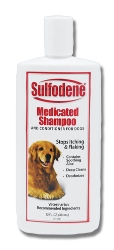 Sulfodene® Medicated Shampoo & Conditioner for Dogs Solfodene, itching, flaking, veterinarian-recommended, itch-fighting, Ingredients, cleans, conditions, skin, coat, soft, lustrous. 