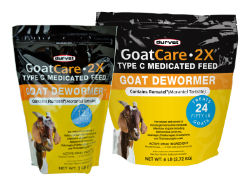 Durvet® GoatCare 2X Durvet®, GoatCare, 2X, Livestock, goat, wormer, Contains, Rumatel®, Morantel, tartrate, FDA, Approved, all, classes, removal, control, mature, gastrointestinal, nematode, infections, Haemonchus, contortus, Ostertagia, Teladorsagia, circumcinta, and Trichostrongylus, axei, Economical, double, strength, formula, 4, oz, per, 50, lb, body weight, No, milk, withdrawal, 30, day, slaughter, withdrawal, Convenient, single, dose, treatment, during, production, cycle, strategically, deworm, entire, herd, Palatable, stable, meal, form, safe, safety, trials, at twenty, times, recommended, level, produced, no, adverse, reactions, Backed, years, safe, reproductive, performance, Conditions, constant, worm, exposure, retreatment, within, 2, 4, weeks, 4, oz