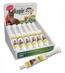 Durvet® AspirEze Gel Durvet®, AspirEze, Gel, Contains, aspirin, USP, temporary, relief, pain, fever, inflammation, associated, symptoms, wounds, cuts, abrasions, soft, tissue, pain, horses, conditions, associated, arthritis, joint, pain, Advantages, acute, conditions, cuts, bruises, muscular, pain, inflammation, Microencapsulated, enhance, palatability, ease, administration, horse, owner, buffered, safety, Apple, flavored, Precise, dosage, extensive, clinical, trials, determine, aspirin’s, most, effective, dose, acute, pain, effective, hours, Tested, safe,  use, pregnant, mares, old, horses, most, potent, OTC, drug, dealers, allowed, sell, chronic, conditions, arthritis, lameness