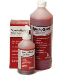 SpectoGard™ Scour-Chek™ SpectoGard™ Scour-Chek™, Bimeda, Livestock, Swine, Pig, scours, fast, acting, 3, 5, days, oral, solution, intended, use, young, pigs, under, 4, weeks, age, weighing, less, 15, lbs, treatment, control, scours, caused, E.coli., Effective, anti-infective, proven, spectinomycin, activity, convenient, ready-to-use, solution, mixing, required, palatable, taste, readily, accepted, Approved, FDA