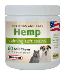 Durvet® Hemp Calming Soft Chews Durvet®, Hemp, Calming, Soft, Chews, dogs, cats, exhibiting, nervousness, hyperactivity, discontentment, responding, environmentally-induced, stress, calmness, composure, during, stressful, situations, Travel, Car, anxiety, Separation, anxiety, Loud, storms, thunderstorms, fireworks, Changes, routine, Veterinarian, or Groomer visits. Formulated with a combination of calming agents, including passion flower, chamomile, L-Tryptophan, valerian root and melatonin. They are a grain free, corn free, and soy free.Pet Supplies, Dog supplies, cat supplies, pet calming chews, 