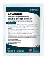 LevaMed™ Soluble Drench Powder LevaMed™ Soluble Drench Powder, Bimeda, Durvet, Prohibit®, levamisole hydrochloride, broad spectrum anthelmintic,  nematode infections infections in cattle, nematode infections in sheep, Stomach Worms, Intestinal Worms, Lungworms, Haemonchus contortus, Trichostrongylus axei, Teladorsagia circumcincta, Trichostrongylus colubriformis, Cooperia curticei, Nematodirus spathiger, Bunostomum Trigonocephalum, Oesophagostomum columbianum, Chabertia ovina, Dictyocaulus filarial, Haemonchus placei, Trichostrongylus axei, Ostertagia ostertagi, Trichostrongylus longispicularis, Cooperia oncophora, Cooperia punctata, Nematodirus spathiger, Bunostomum phlebotomum, Oesophagostomum radiatum, Dictyocaulus viviparus, drench wormer, cattle wormer, sheep wormer