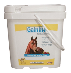 Durvet® GainIT!™ Durvet®, GainIT!™, premium, concentrated, high, fat, supplement, horses, Aspergillus, oryzae, added, assist, digestion, absorption, essential, nutrients, support, healthy, digestive, function, formulated, provide, extra, calories, needed, weight, gain, support, normal, physical, mental, performance, healthy, skin, coat, condition, maintain, proper, gut, pH, Apple, flavored, Omega, 3, 6, fatty, acids 