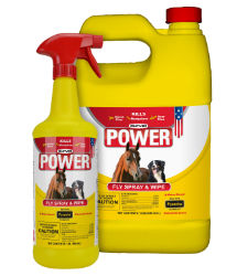 POWER® Fly Spray & Wipe POWER® Fly Spray & Wipe, Durvet, Made in the U.S.A., Pyranha® Technology, non-oily insect control spray, equine fly spray, horse fly spray, equine fly wipe, flies, mosquitoes, ticks, economical horse fly spray, barns, stables, fences, Citronella scented fly spray, Pyrethrins, Piperonyl Butoxide, Permethrin, RepelX®, Pro-Force™