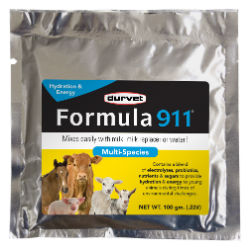 Durvet® Formula 911® Durvet®, Formula 911®, Livestock, equine, milk, replacer, electrolytes, multi-species, supplement, contains, blend, electrolytes, probiotics, nutrients, sugars, provide, hydration, energy, young, animals, during, times, environmental, challenges, Contains, source, live, viable, naturally, occurring, microorganisms, Complete, milk, replacer, water, Single, use, packet, feeding, no, waste, easy, mix, calves, foals, lambs, kids, baby pigs, fawns, llamas, alpacas crias