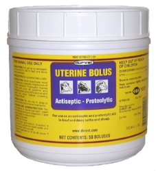 Durvet® Uterine Bolus Durvet®, Uterine, Bolus, non-medicated, antiseptic, proteolytic, aid, infection, sites, wounds, intra-uterine, application, dissolved, water, flushing, open, wounds, beef, dairy, cattle, sheep, Antiseptic Aid, helps, inhibit, control, bacterial, growth, infection, sites, Proteolytic, Aid, reduce, tissue, proteins, soluble, forms, Flexible, Use, ready, use, Dosage, pre-measured, boluses