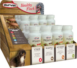 Durvet® Healthy Flock®  Poultry Display Durvet®, Healthy, Flock®, Poultry, Display, Vitamins, Electrolytes, Probiotics, Daily, Layer, Boost, DuraStat, 100, gm, jar, antibiotic, alternative, poultry, souluble, powders