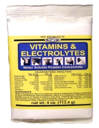Durvet® Vitamins & Electrolytes Concentrate Durvet®, Vitamins, Electrolytes, Concentrate, water, soluble, premix, formulated, nutrient, supplement, normal, feed, intakes, reduced, water, feed, additive, Convenient, 4, oz, package, packet,  can, mixed, administered, easily, Excellent, solubility, Concentrate, formula, nutrients, per, ounce, powder, use, cattle, horses, goats, sheep, swine, poultry