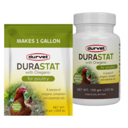 Durvet® Healthy Flock® DuraStat with Oregano Durvet®, Healthy, Flock®, DuraStat, Oregano, poultry, chicken, supplies, antibiotic, alternative, poultry, stimulate, water, intake, small, flocks, source, energy, essential, oils, stimulate, water, consumption, appetite, during, disease, conditions, shipping, weather, change, stress, All, natural, alternative, stimulate, enhance, immunity, antibiotics, not, desired, cinnamon, essential, oils, easy, One, scoop, packet, per, gallon, drinking, soluble, products