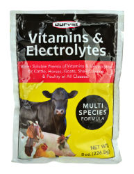 Durvet® Vitamins & Electrolytes Durvet®, Vitamins, Electrolytes, Livestock, Horse, Poultry, water, soluble, premix, specifically, formulated, feed, additive, animals, conditions, stress, off, feed, Convenient, 8, oz, package, packet, excellent, solubility,  administered, quickly, Cattle, horses, goats, sheep, swine, poultry