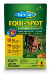 Equi-Spot® Spot-on Protection for Horses Equi-Spot® Spot-on Protection for Horses, Farnam, flies, gnats, mosquitoes, ticks, repel house flies, stable flies, face flies, horn flies, eye gnats, flea and fly killer, flea and fly repelant, WEST NILE VIRUS, Water resistant topical horse protectant, sweat-resistant formula, pastured horses, permethin, equine spot on, horse spot on,