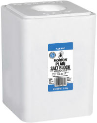 Morton® Plain Salt Block MORTON®, Plain, Salt, Block, Livestock, equine, horse, supplies, animals, free, choice, feeding, feedlots, pastures, ranges, grain, forage, water, deficient, sodium, chloride, iodine, Lactating, supplements, excretion, milk, Salt, deficiency, reduces, growth, weight, gain, milk, production, cattle, sheep, horses