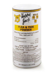 Happy Jack® Flea & Tick Powder Happy Jack®, Flea, Tick, Powder, dog. canine, killer, carpet, Odorless, non-staining, effective, against, cause, Lyme, Disease, bedding, kennel, sleeping, quarters, carpeting, furniture, infested, animals, area, dusting, rate, 3-6, ounces, oz, 100, square, feet, sq, ft, once, per, week, killing, residual, control, 14, days