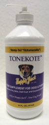 Happy Jack® Tonekote Happy Jack®, Tonekote, liquid, food, supplement, dogs, puppies, dry, skin, dull, coat, excessive, shedding, Linoleic, Acid, essentisl, fatty, acid, provides, Vitamins, A, D, E, vital, ingredients, healthy, skin, coat, add, food