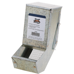 Pet Lodge® Small Animal Feeder Pet Lodge™,  Small, Animal, Feeder, Rabbits, small, animals, not, eat, fines, powdery, residue, collect, pelleted, grain, feeds, attract, harmful, molds, wire, mesh, bottom, sifts, fall, into, litter, independent, wire, hooks, attached, inside, hutch, convenient, filling, outside, wire, cutting,  Gravity, design, dispense, several, days, feed, little, at, a, time, hinged, metal, lid, feed, chew, proof, rust, resistant, heavy, gauge, galvanized, steel, Measures, 5.5, inch, long, 3.125, wide, 7.125, high