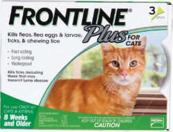 Merial® Frontline Plus for Cats (Topical) FRONTLINE®, Plus, Cats, flea, tick, kill, 98–100%, adult, pet, 24, hours, eggs, larvae, stages, developing, bothering, family, breaks, development, Cats, 8, Weeks,