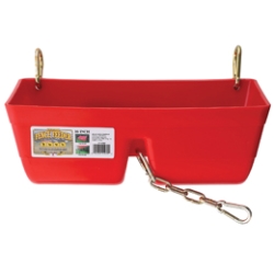 Little Giant® Fence Feeder with Chain & Clips Little Giant®, Fence, Feeder, Chain, Clips, keeps, containers, off, ground, eliminate, spills, waste, feed, grain, pellets, feeds, outdoors, bottom, chain, stabilize, box, middle, divider, heavy, duty, metal, clips, hanging, wire, fencing, portable, quick, install, move, permanently, mounted, wall, rail, stapling, wood, fencing, staples, lag, screws, eyelets, High, impact, polyethylene, plastic, tough, farm, use, horses, sheep, goats, alpacas, llamas, calves, Red, Measures, 15.75, inch, long, 8.25, wide, 7, high, capacity, 9 quarts, liquid, 7.75, dry