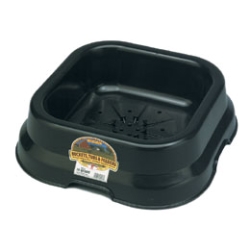 Little Giant® Mineral / Salt Pan Little Giant®, Mineral, Salt, Pan, 50-lb, blocks, inner, ribs, outer, bottom, rim, holds, off, ground, moisture can escape through drain holes. Made of impact-resistant DuraFlex plastic for long wear. Measures 18.5 inch square by 5.25 inch high, holds a standard 50-lb. mineral block or 10 quarts (2.5 gallons) of dry material (will not hold water).
