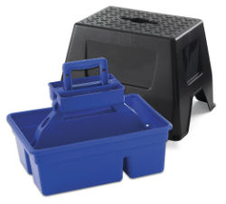 Little Giant® DuraTote Stool Little Giant®, DuraTote, Stool, Miller, Manufacturing, Equine, Horse, Home, Garden, step, grooming, tool, box, tote, supplies, removable, step, stool, protect, contents, elements, hold, 12, inch, tall, spray, bottles, carry, one, hand, internal, storage, tray, small, items, retractable, handle, protrudes, through, flush, top, sit, stand, locked, padlock, non-skid, surface, 300 lbs, painting, Measures, 20, inch, long, 16.125, wide, 14, high, Blue, black, heavy, duty, impact, resistant, plastic