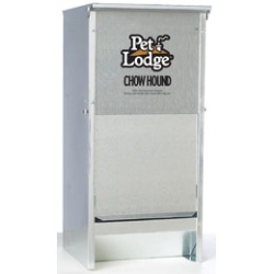 Pet Lodge® Chow Hound Pet Lodge™, Chow, Hound, store, dry, dog, food, feed, chew, proof, container,  Automatic, Dog, Feeder manufactured, tough, galvanized, steel, durability, rust, resistance, magnetized, door, stays, shut, until, nudges, open, pests, angled, chute, steady, food, flow, fresh, dry, mounted, wall, frame